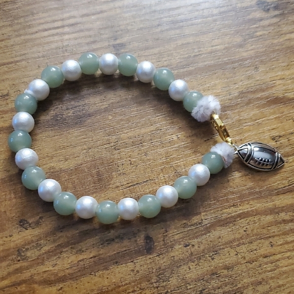 k design Jewelry - Chic Green and Pearl Beaded Bracelet With Football Charm